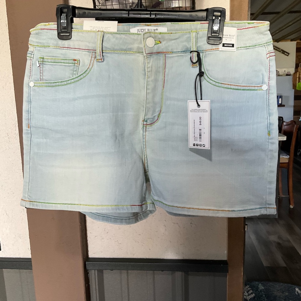 Judy Blue Light Wash Denim Shorts with Multicolor Stitching